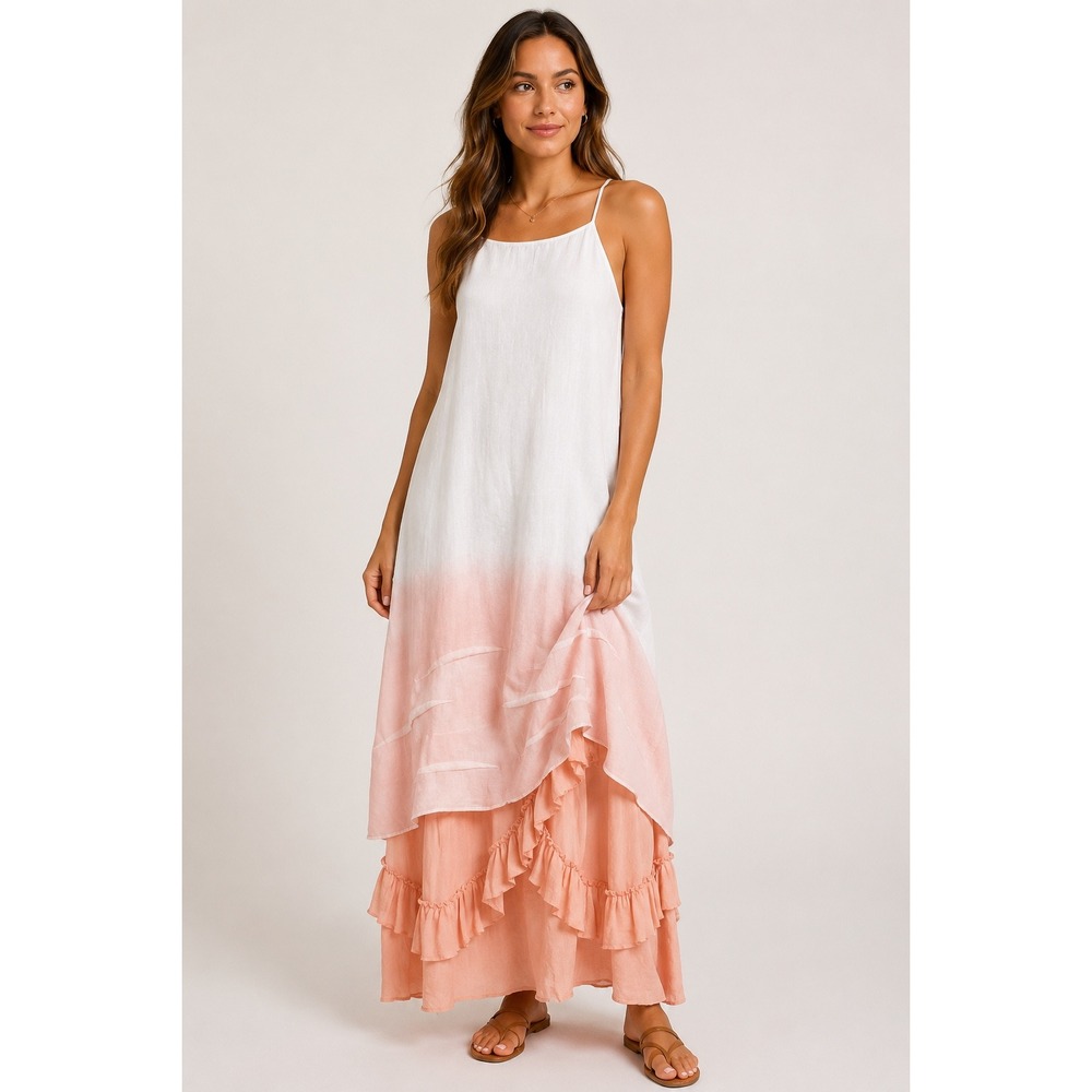 Misslook Womens XL Ombre Maxi Dress White Pink Ruffle Boho Spaghetti Strap light